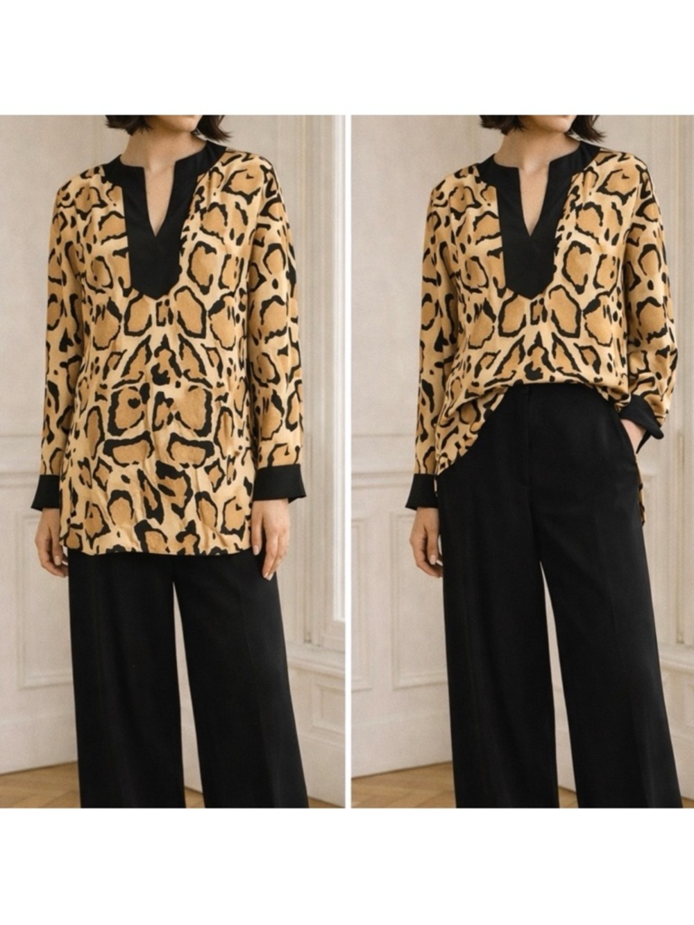 Gucci 100% Silk Tunic Top IT 42 US 6 Size Medium Long Sleeve Animal Print Blouse